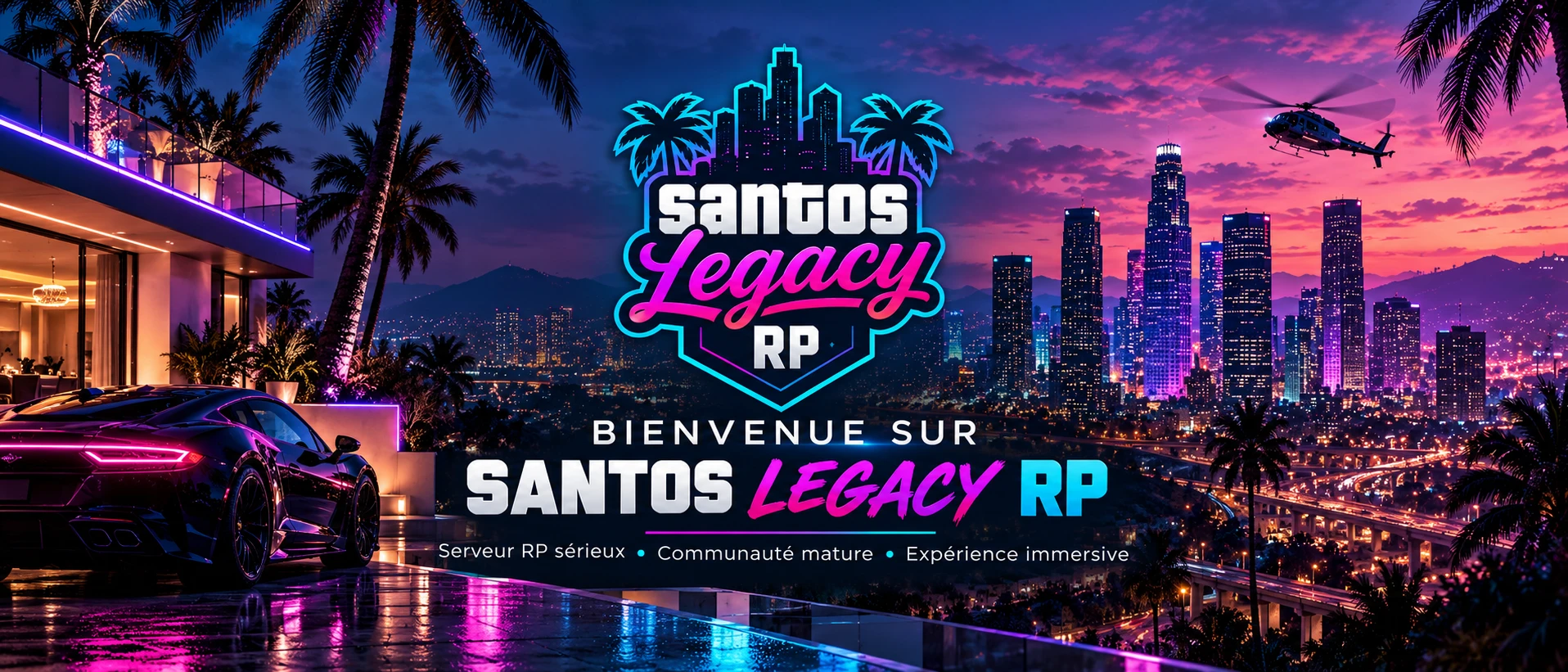 Bienvenue sur Santos Legacy RP : skyline néon de Los Santos au crépuscule